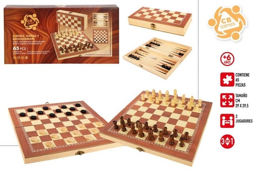 Ajedrez, damas y backgammon madera 65 pzas